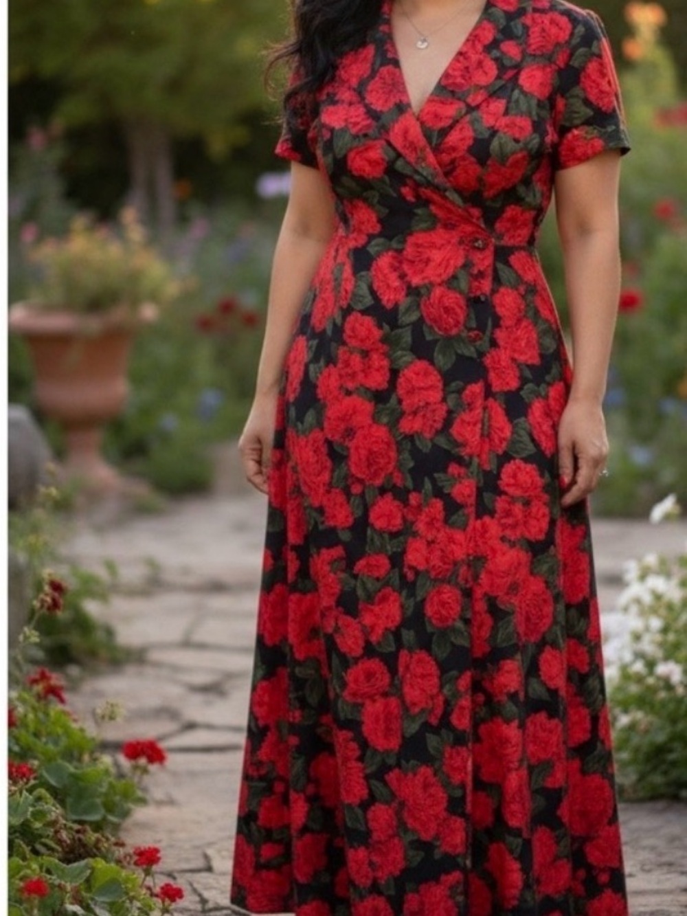 Authentic Vintage Y2K-90’s Floral Red Wrap Maxi Dress for Women Contempo Sz XL